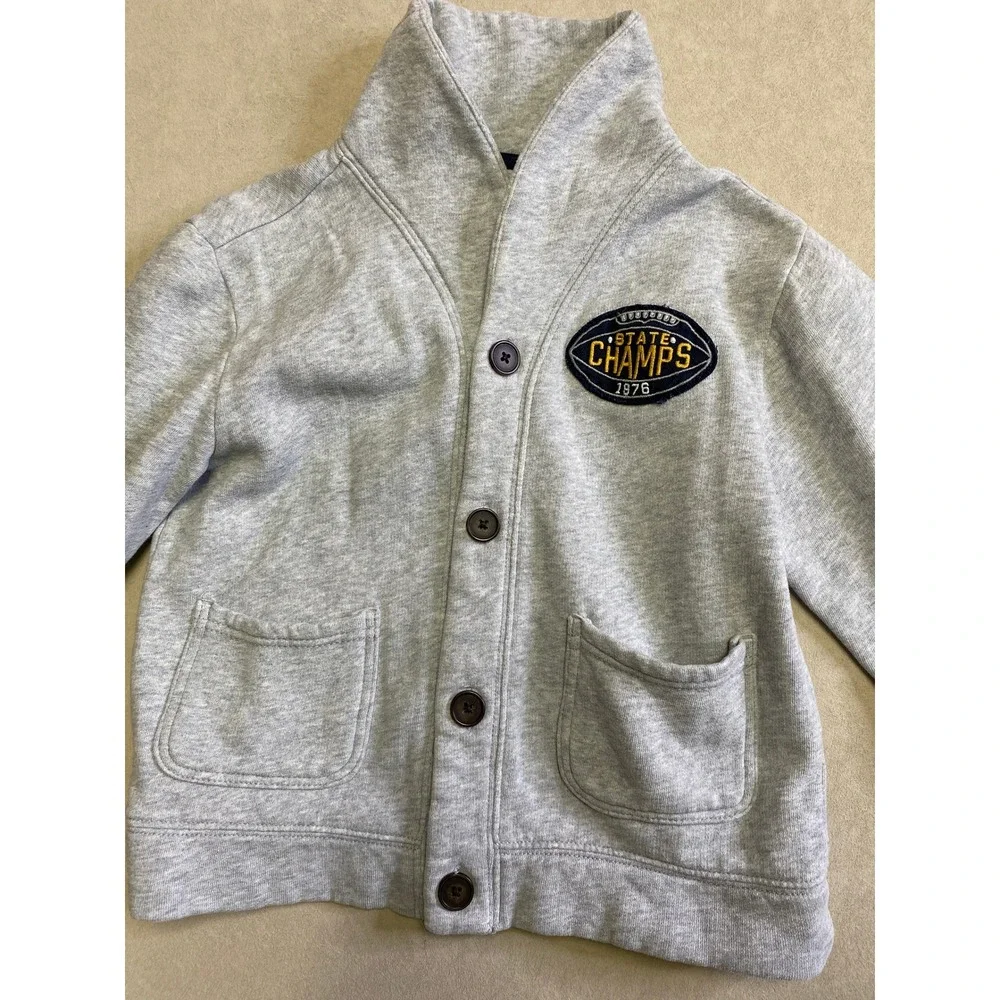 Gymboree Boys Size S 5-6 Gray Varsity Shawl Collar Fleece Button CardiganSweater